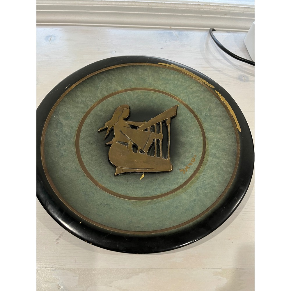 Vintage Wall Art Plaque Harpist Woman‎ Brass Metal Disc Mid Century Modern Decor